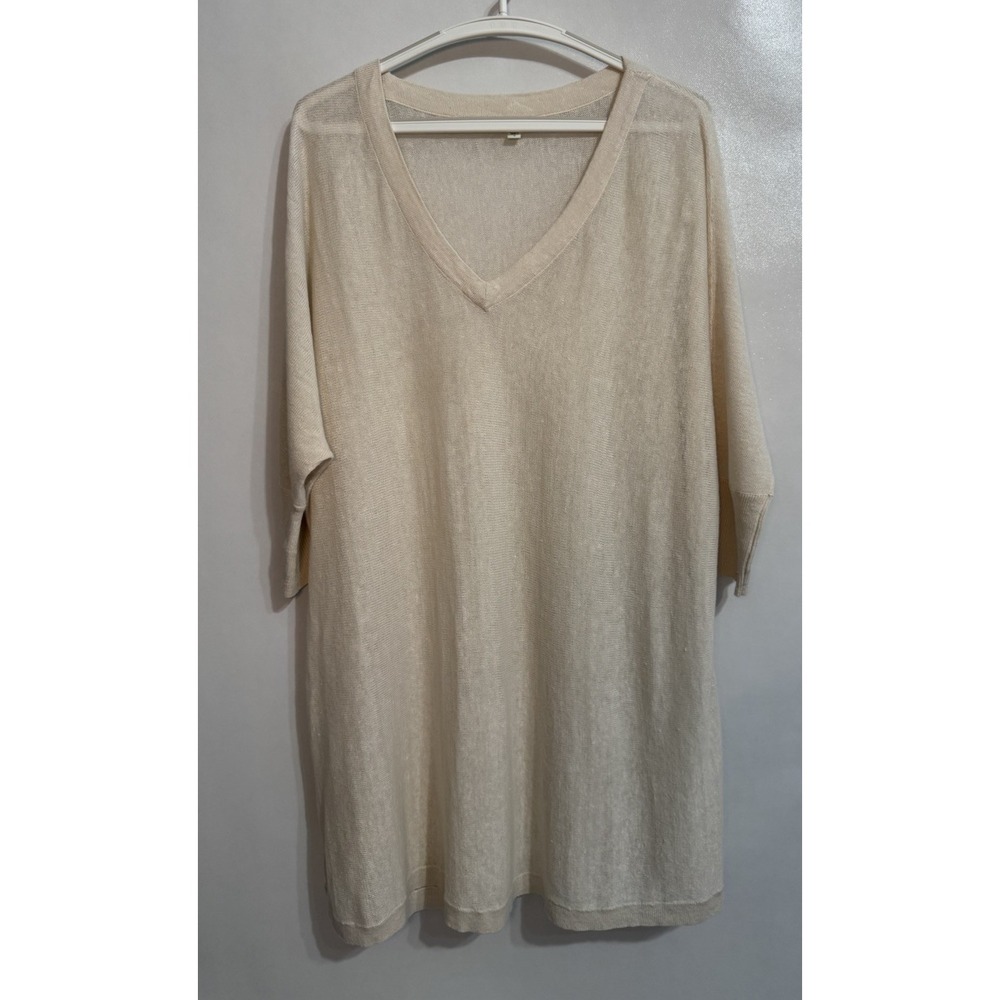 Garnet Hill Ivory 100% Linen V-Neck Sweater Small Oversized Lagenlook Pullover